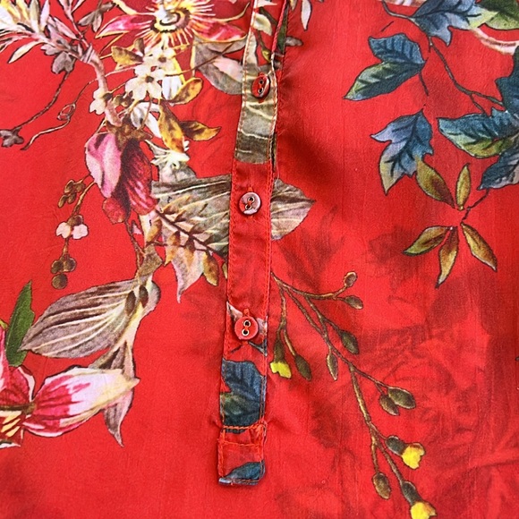 Johnny Was Sheer Button Front Red Multi Color Roll Sleeve Tunic Size L - Picture 5 of 13